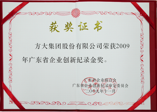 2009 廣東省企業(yè)創(chuàng)新記錄金獎